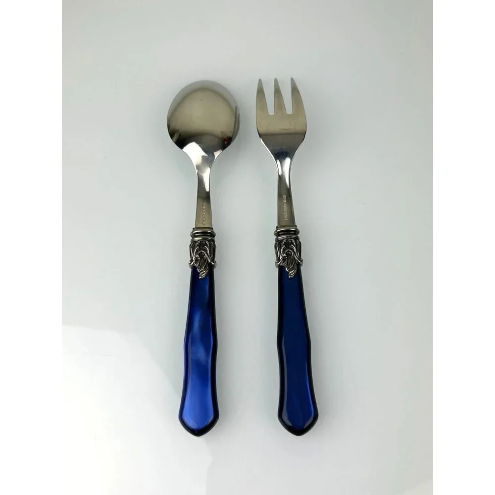 INOX Napoleon 18/10 Made in Italy Blue Stainless Steel Serving Spoon & Fork 9.5